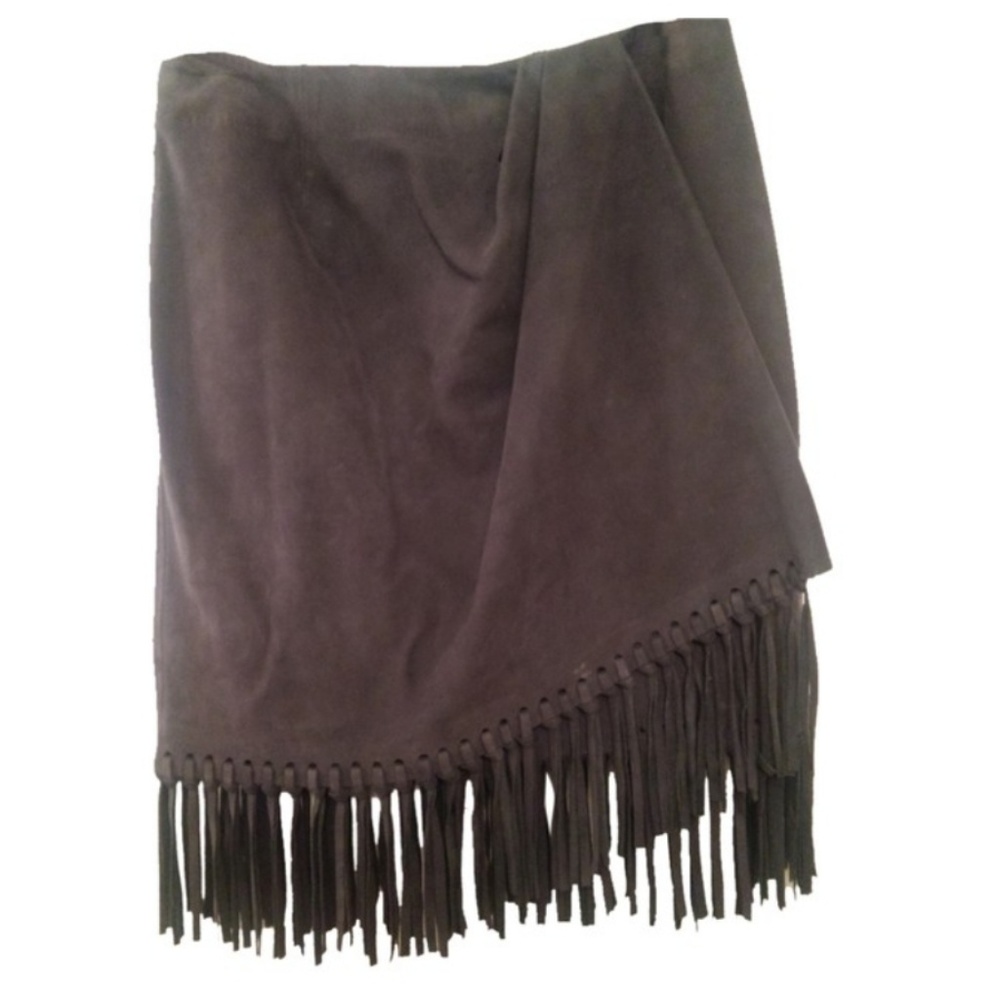 Anne Klein Gray Suede Fringe Wrap Miniskirt